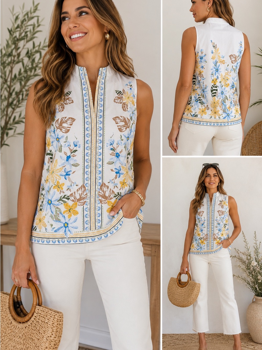 Crown & Ivy Floral Border Print Cotton Top M